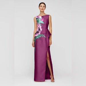 Kay unger Elegant Burgundy Satin Floral Sheath Dress